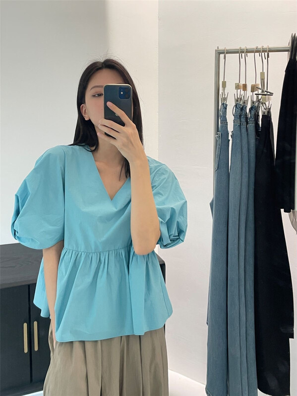 goods in stock! New in early summer! [clean space] small foreign style lotus leaf V-neck shirt 31280# CLS
