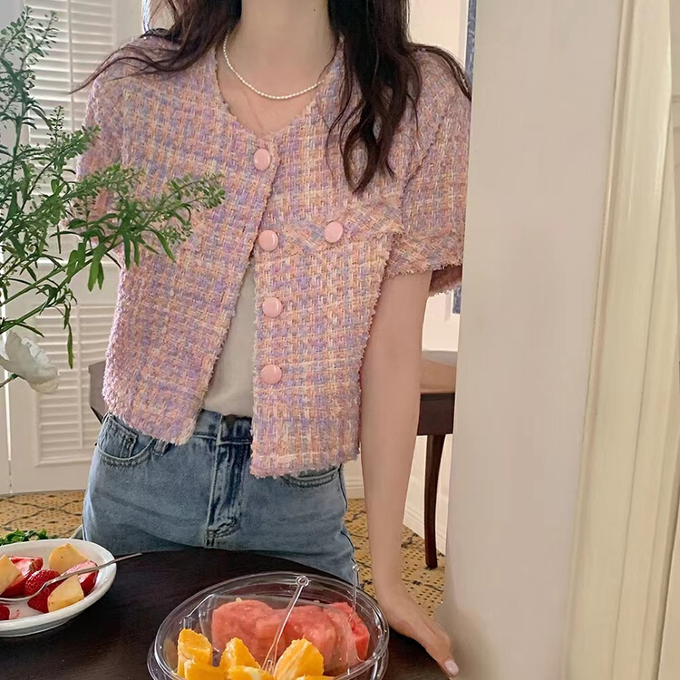 New in early summer! [timely rain] xiaoxiangfeng round neck single breasted short sleeved short coat (only short coat) 25542# WPL