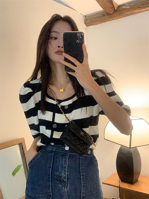 New in early summer! [pan] striped single breasted versatile knitted cardigan 00405# PCZ