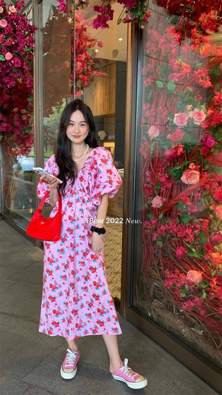 [t.bear] French romantic floral V-neck dress 28325# zxx