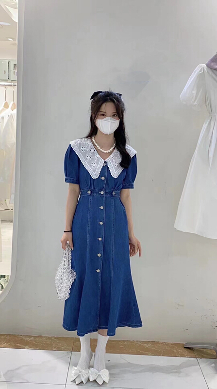 New in early summer! [u say] French temperament retro doll neck waist denim dress 65753# LSL