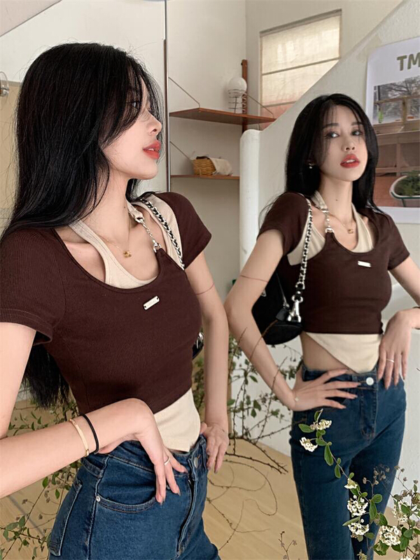 [fan fan] spice girl fashion color matching label hanging neck irregular small shirt 5781# JJ