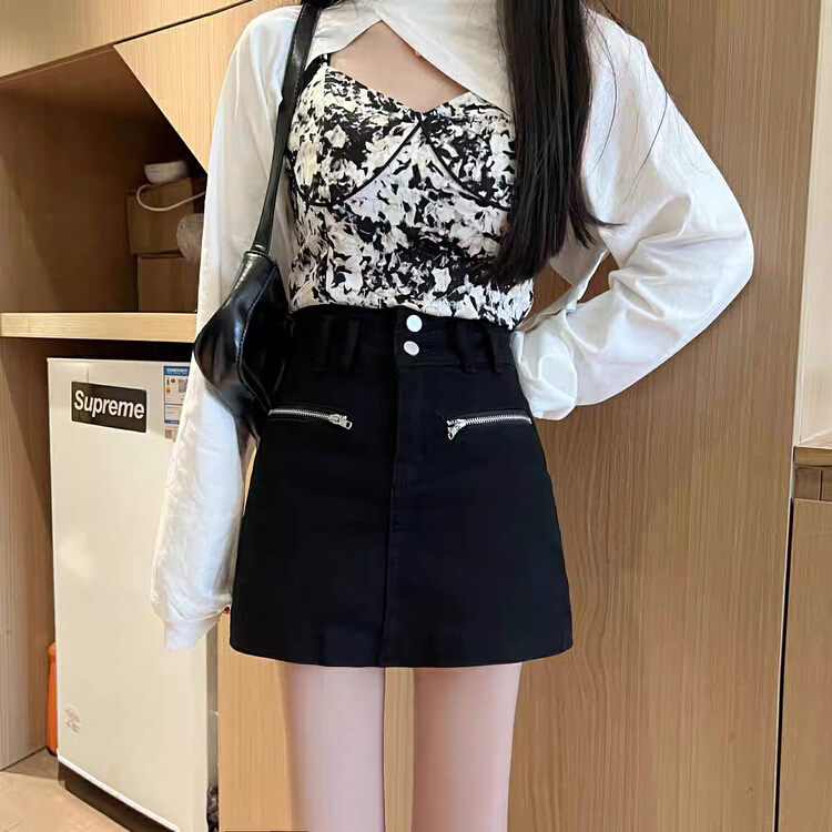 [good] zipper design high waist elastic denim skirt 6659-8# JJ