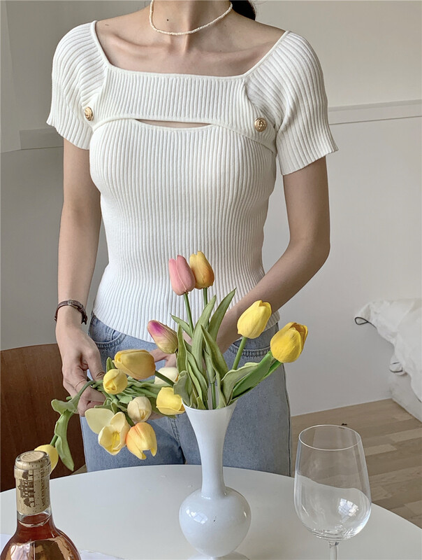 New in early summer! [six plus] simple foreign style square neck knit shirt 89758# CLS