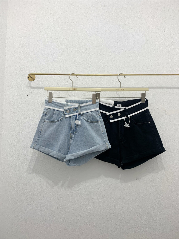 [u.she] Korean color blocking waist thin denim shorts 6756# cqw