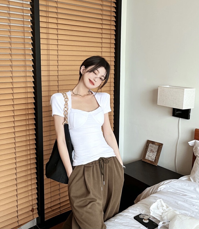 New in early summer! "TAN" temperament square collar slim slim short sleeve T-shirt T3494# ZXX