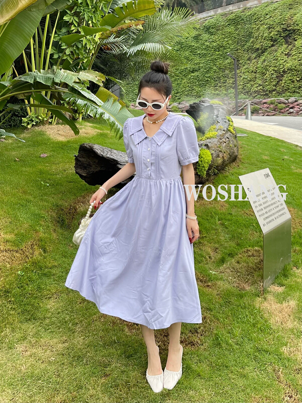 [woshang woshang] lace up temperament sweet medium length dress 8070# XYJ