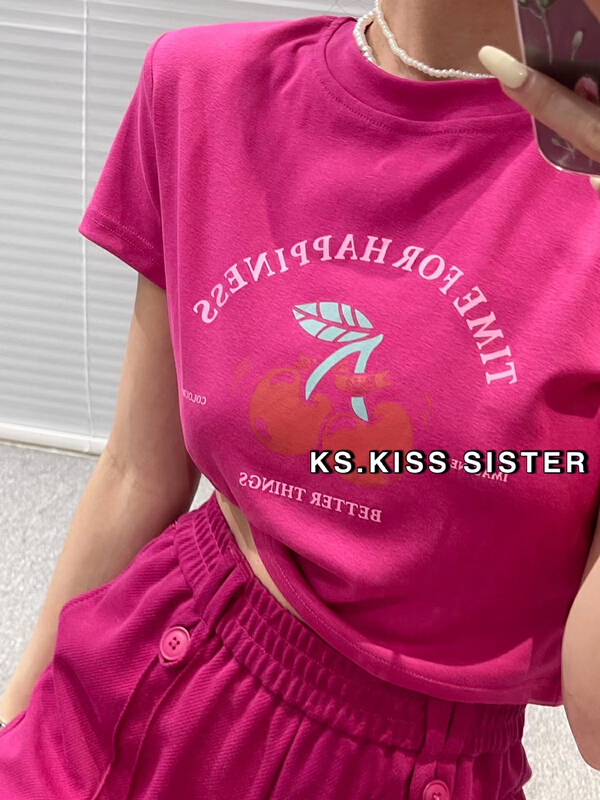 New in early summer! [KS] Cherry foreign style round neck short sleeve T-shirt 22108# ozq