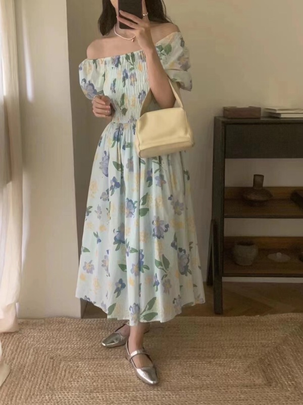 [o.lucky] square neck floral bubble sleeve dress 1826# HBx
