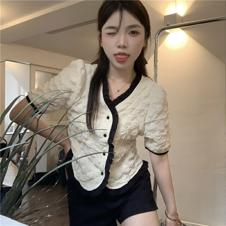 [timely rain] Korean style ins sweet design French style fungus edge pleated bubble sleeve shirt 01255# WPL