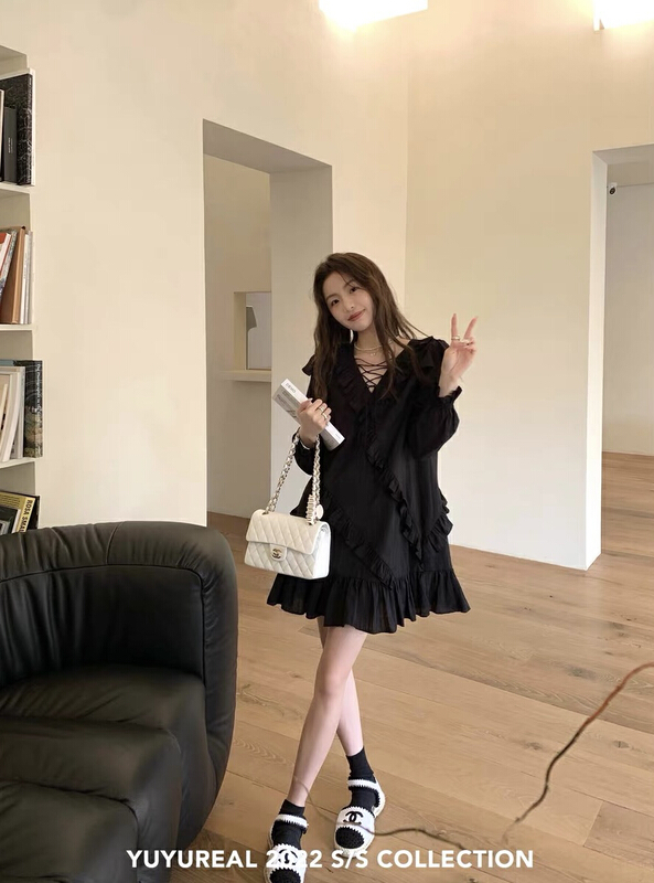 [by] French high-level design sense, minority Ruffle Dress 0026# Cl