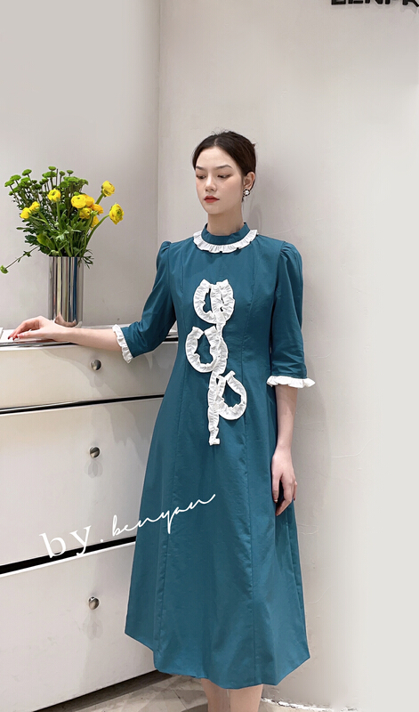 [benyan] Korean style bubble sleeve flower fungus edge dress 7601# zxx