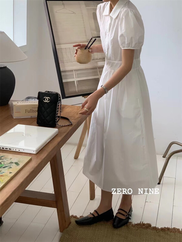 [zero-nine 009] French style waist closing bubble sleeve dress 9318# zjy