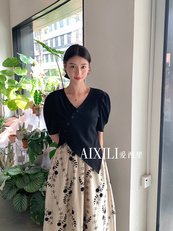 [aixili aisili] Korean design irregular oblique button blouse 6280# WPL