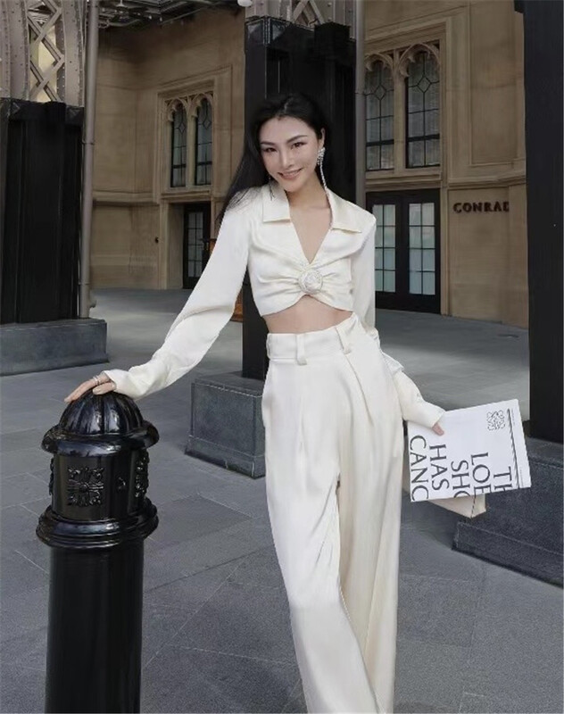 [yhpi] modern fashion three-dimensional flower short shirt + high waist and wide leg trousers set 2690# JJ