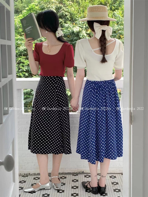 [am] simple and versatile solid color blouse + Korean slim wave point skirt suit 3389-1# JJ