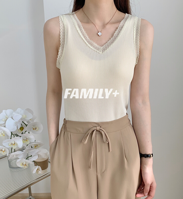[family +] Korean version simple and versatile V-neck lace splicing vest / sling 22228# ozq