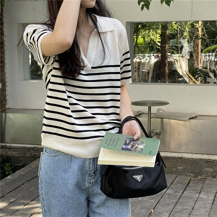 New year in early spring! [fifth moon] Striped Polo neck short sleeve T-shirt 9163# CLS