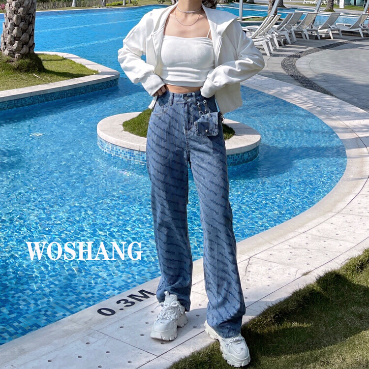 New year in early spring! [woshang] wide leg straight tube loose high-grade design jeans (with waist bag) 1086# XYJ