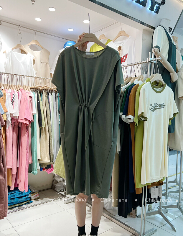 [Yi Jia Yi] Korean casual loose round neck waist drawstring loose tie ribbon design dress k2210# cqw