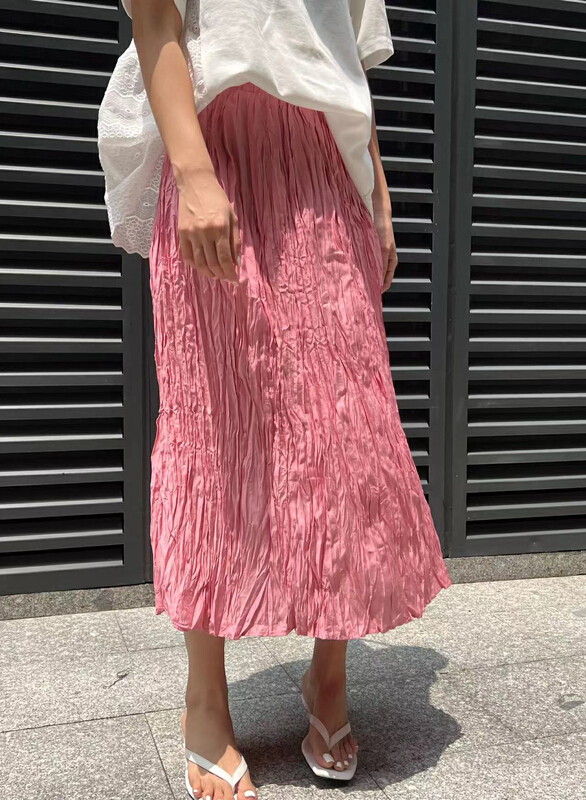 [Za] elastic waist solid color thin drape pleated skirt 10590# LSL