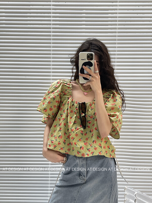 [at] Korean style square neck back lace up floral blouse 93139# LSL