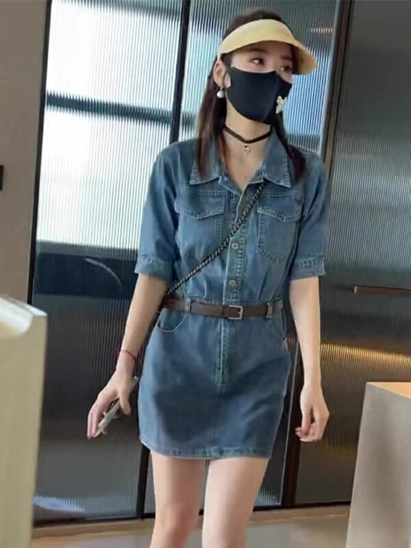goods in stock! [L.L studio] 2022 new Polo neck Vintage denim waist closing denim skirt (with belt) 7655# PCZ