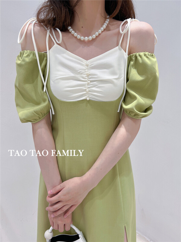 [Taotao family] French square neck bubble sleeve nail bead waist closing dress 3638# lwy