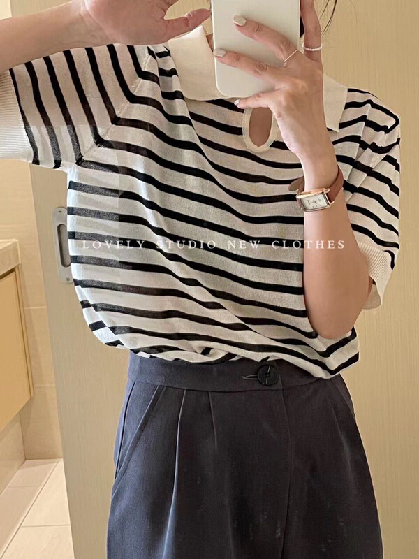 【 love 】 Tencel neckline button small design striped sweater m0621# HBx