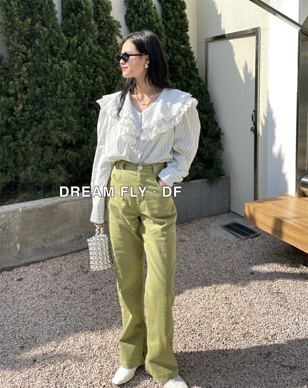 New year in early spring! [dream fly] lace stitching lace collar striped shirt 61102# XJ