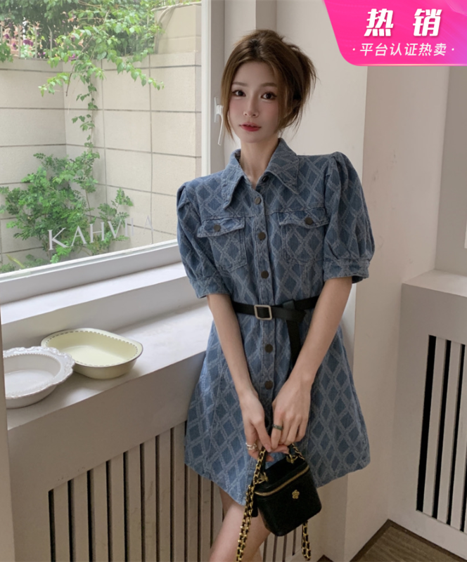 [y.jia Yijia] diamond bubble sleeve denim dress (with belt) (only dresses) 5665# PCZ
