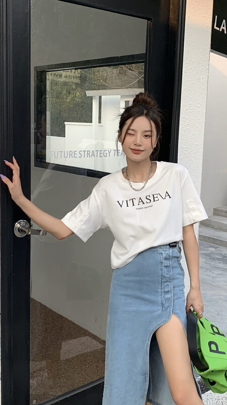 goods in stock! [qixuaner] letter print design Short Sleeve T-shirt 2615# LSW