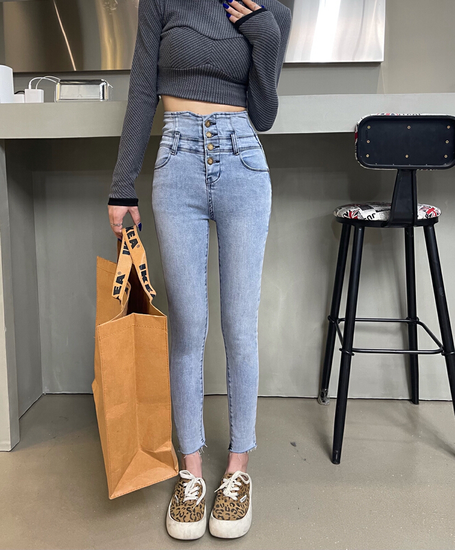 Original price 62.04! New year in early spring! [en Xier] high waist button elastic small leg jeans el629-1# L