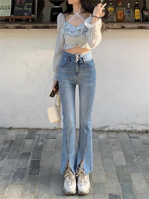 goods in stock! Summer new! [suxinlan] Korean high waist split elastic micro flare jeans 13600 light blue 13599 dark blue # LSL