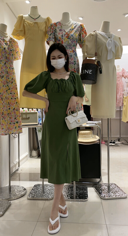[J2. J1wg] French square neck slit dress ff2209# cqw