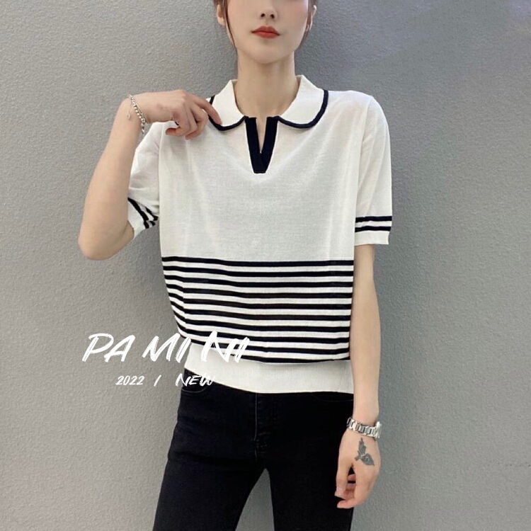 New in early summer! [pamini] Lapel stripe ice silk short sleeve sweater 22106# Cl