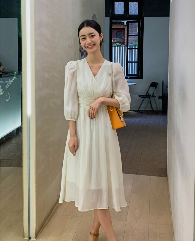 goods in stock! New in early summer! [Hanna Hanna] French elegant short sleeve simple waist closing V-neck slim dress 5230# XJ