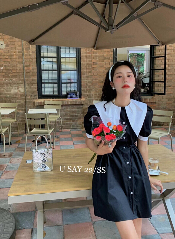 New in early summer! [u say] contrast color doll neck dress (with waist rope) 65732# LSL
