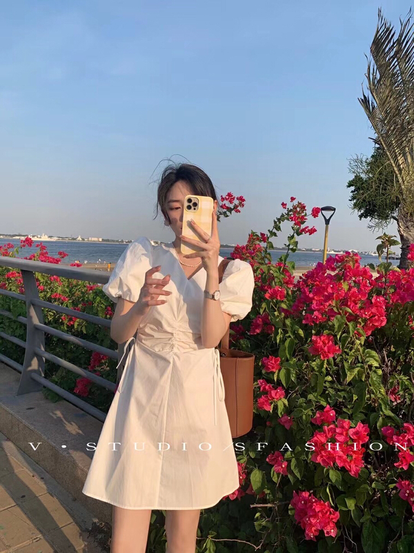 [v.studio] Korean fashion bubble sleeve dress 7858# L