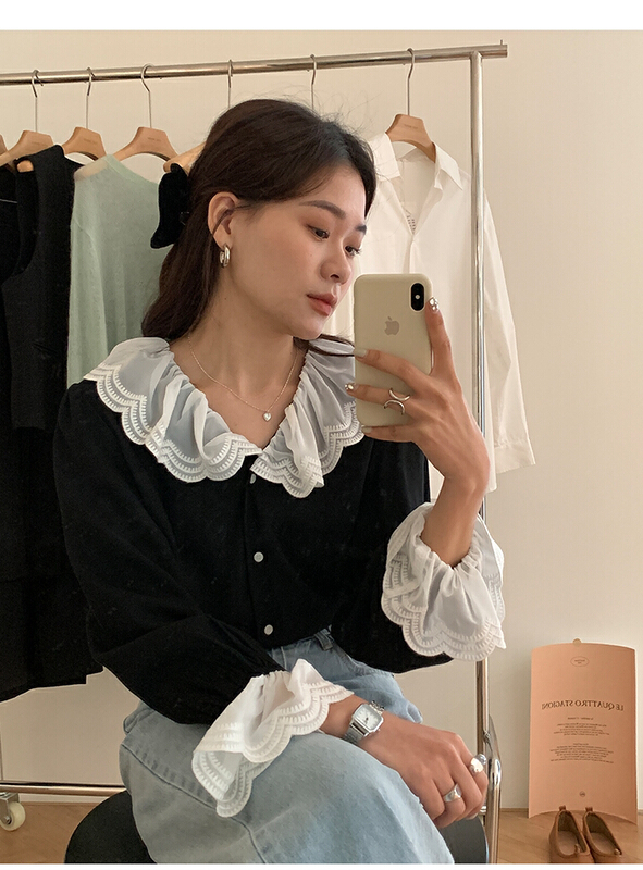 New year in early spring! [the mind] contrast color lotus leaf collar lotus leaf sleeve casual versatile shirt 60178# XYJ