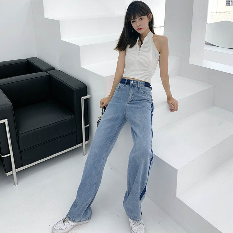 [kakajia] wide leg worn out high waist thin straight jeans 9085# ozq