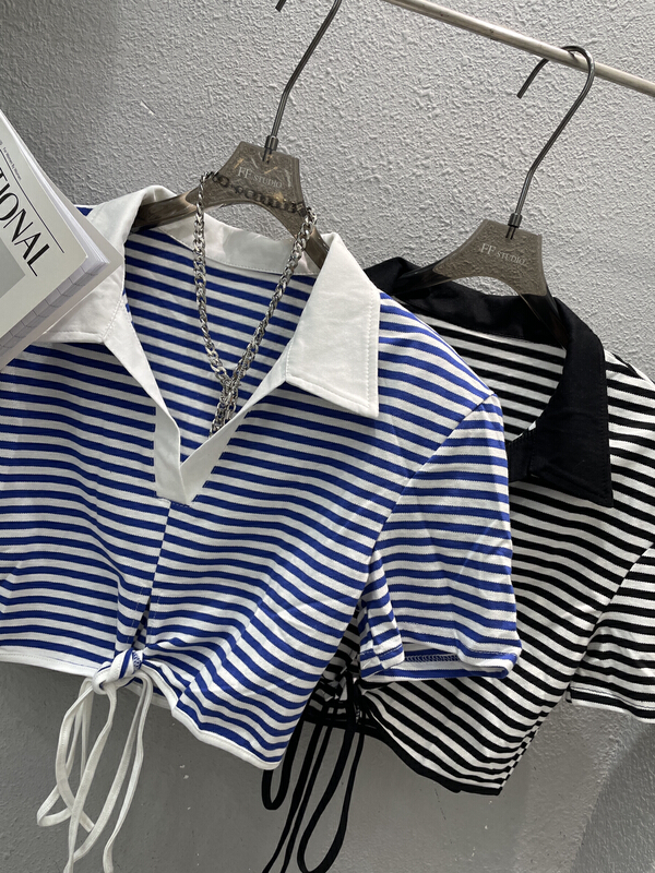 [FF. Studio] short tied rope Striped Polo neck blouse (only selling blouses) 7725# ozq