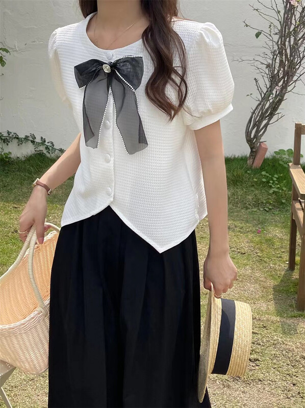 [T +] single breasted fashion Korean shirt (with detachable bow) 813# ll