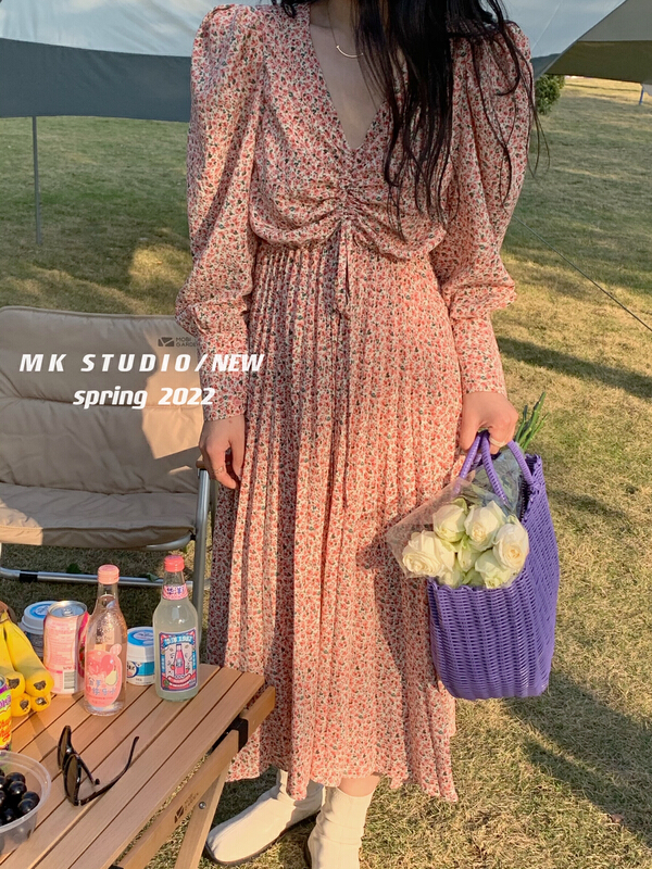 [MK] French style V-neck drawstring floral dress 3066# hjy