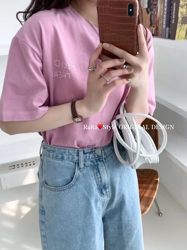 Original price 36.09! [rara] simple letter embroidered open line design Short Sleeve T-shirt 19031# LSL