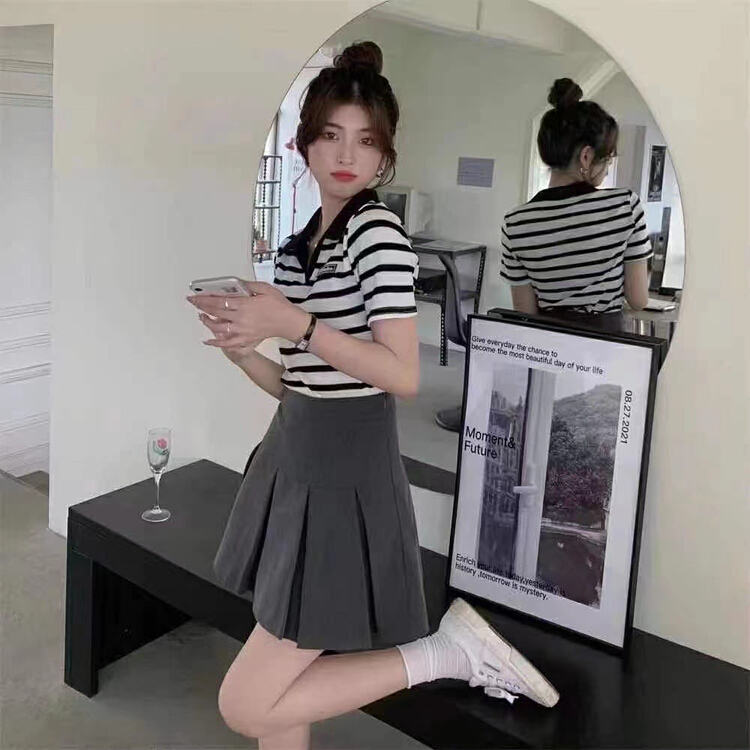 [JH] striped slim fit short sleeve T-shirt + pleated slim skirt set 41697# PCZ