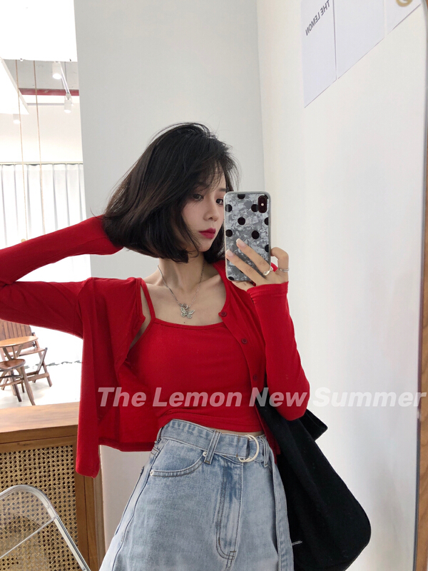[lemon green tea] Korean versatile short clean color sweater (with suspender) ys1-723# hjy