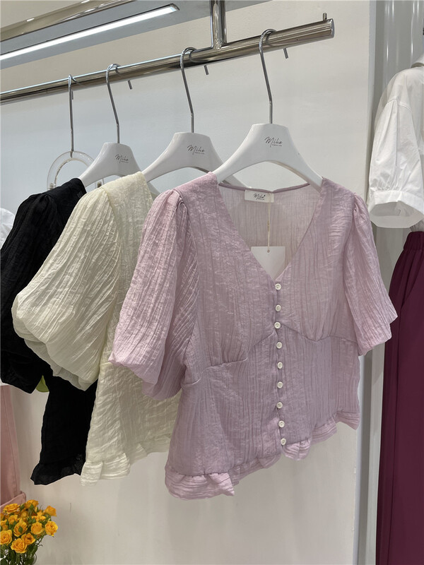 [Mihe] French Style Bubble Sleeve V-neck blouse 2316# lwy