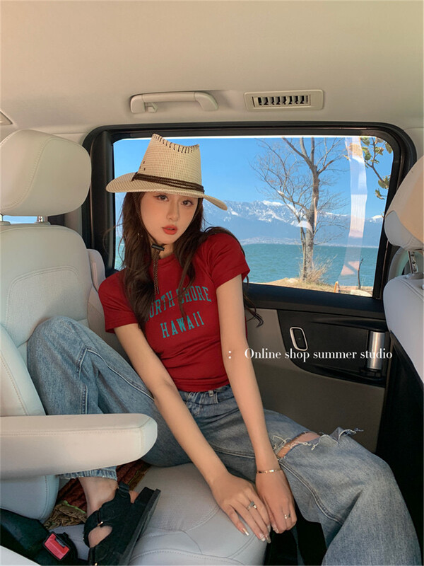[ajroom] Korean casual letter Pullover short shoulder pad short sleeve T-shirt 3348# cqw
