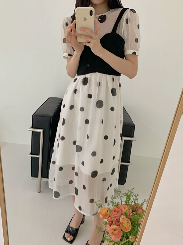 [new open] Korean slim French Chiffon Polka Dot Dress (with vest) 22306-1# zxl